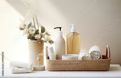 a basket with beauty supplies including soap, lotion, and cosmetic items