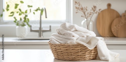 a basket with laundry is on the counter of a kitchen
