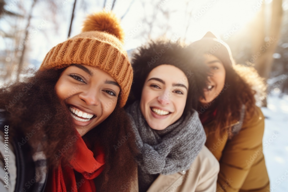 A group of women standing side by side in a snowy landscape. Perfect for showcasing friendship, winter activities, or outdoor adventures. A group of women standing side by side in a snowy landscape. Perfect for showcasing friendship, winter activities, or outdoor adventures.