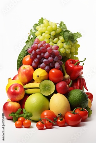 A colorful assortment of fresh fruits and vegetables neatly arranged on a clean white surface. Perfect for illustrating healthy eating  nutrition  and farm-to-table concepts