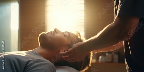 A man is shown receiving a facial massage in a relaxing room. This image can be used to promote spa services or skincare products
