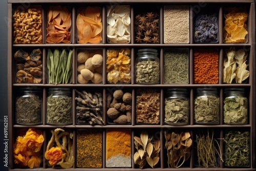 A display case filled with a variety of spices. Perfect for culinary enthusiasts and food-related projects