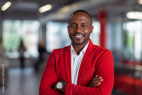 happy businessman ceo, standing in office arms crossed, in red jacket and white shirt, blurred background