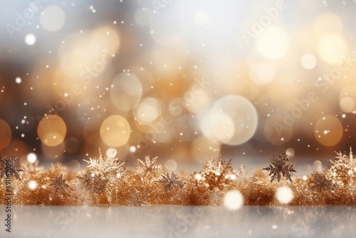 Abstract Gold Christmas Background with Bokeh Lights and Snowflakes