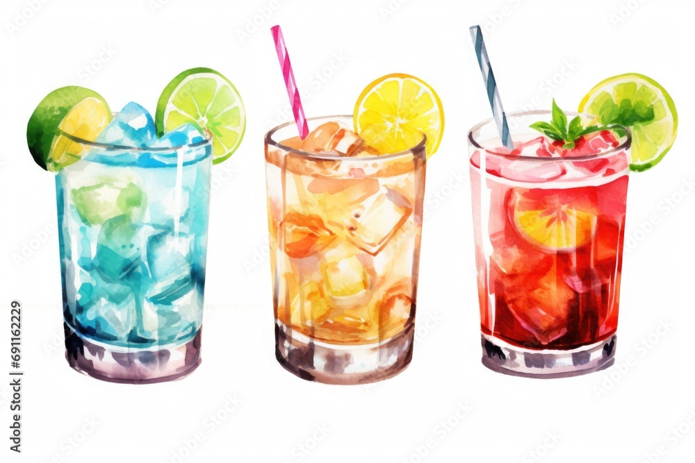 A vibrant painting depicting three different colored drinks. Perfect for use in advertisements, menus, and beverage-related projects A vibrant painting depicting three different colored drinks. Perfect for use in advertisements, menus, and beverage-related projects