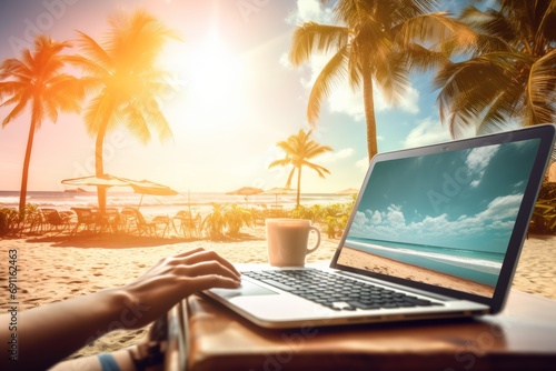 Man working on his laptop with a cup of coffee on a paradise beach at sunset