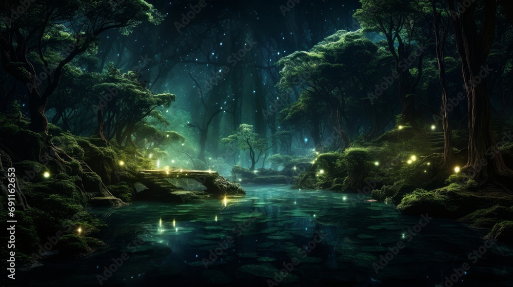 Surreal 3D rendering showcasing a forest aglow with radiant bioluminescence, creating an ethereal and captivating nighttime ambiance