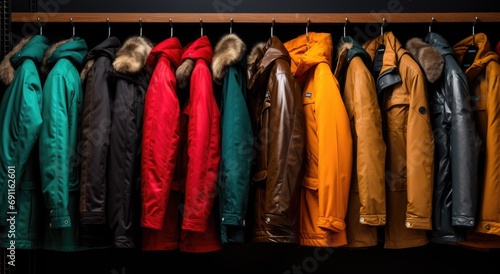 a bunch of jackets, coats on a rack