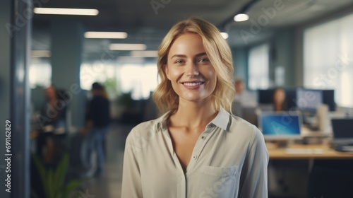 A woman standing in an office, smiling. Suitable for business and professional themes