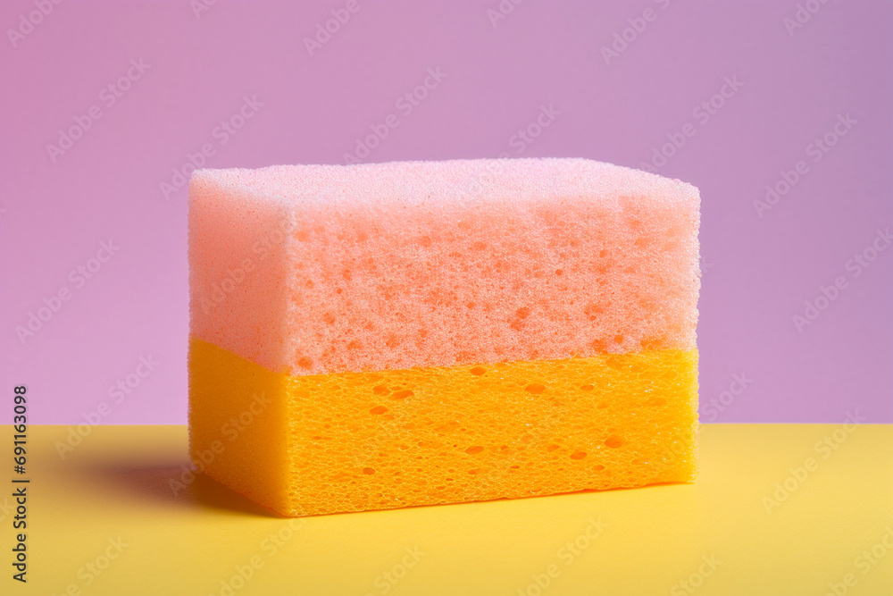 Yellow and pink detergent washing sponge for cleaning. Sponges for washing dishes, cleaning product, cleaning service. Spring home cleaning concept