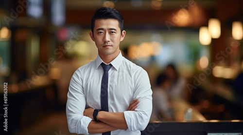 a chinese business man in a white shirt and , looking at camera
