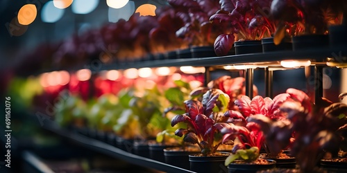 Harvest theme in vertical farming, plants grow on special shelves in optimal conditions. photo