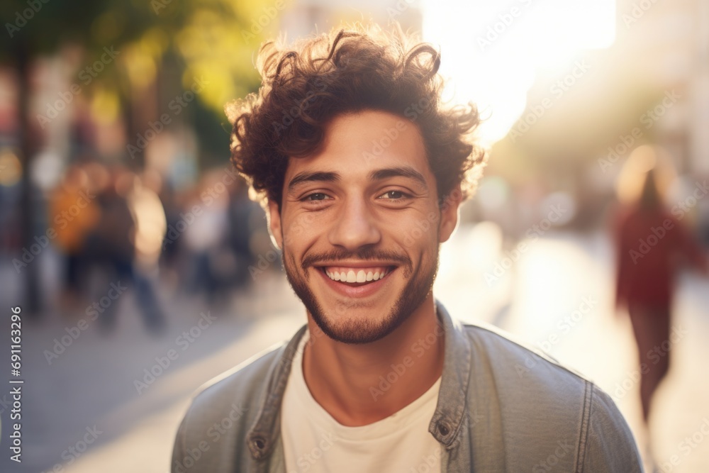 A man with curly hair and a beard smiling directly at the camera. Suitable for various uses