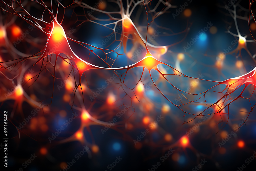 Neuron cells with glowing connections on abstract background