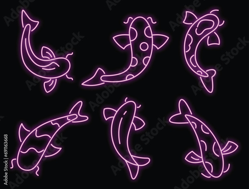 Koi carp icons set. Outline set of koi carp vector icons neon color on black photo