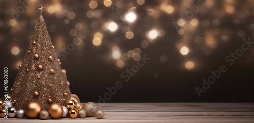 a christmas tree and gold balls on a wooden table