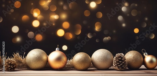 a christmas tree and gold balls on a wooden table