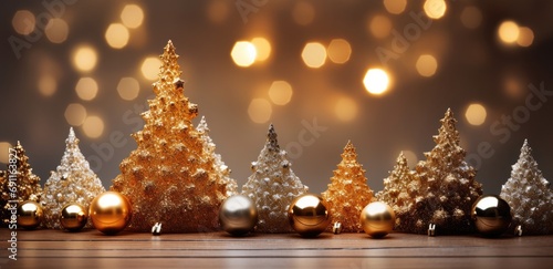 a christmas tree and gold balls on a wooden table