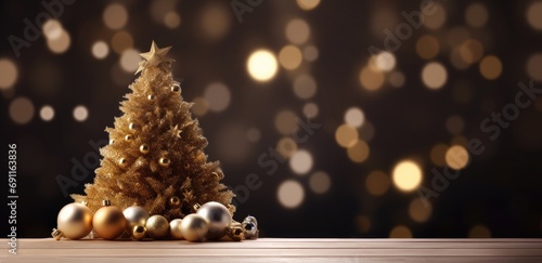 a christmas tree and gold balls on a wooden table