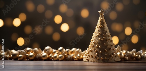 a christmas tree and gold balls on a wooden table