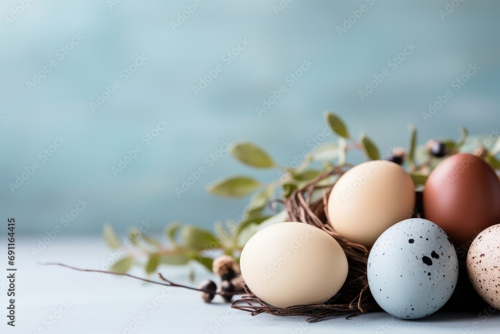 Easter colorful eggs in a nest on a light gray background. Holiday banner