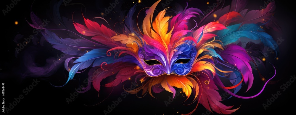 a colorful carnival mask with feathers on a black background a colorful carnival mask with feathers on a black background