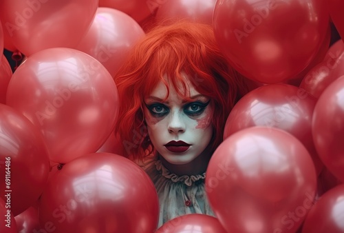 a clown with hair dyed red poses behind balloons © olegganko