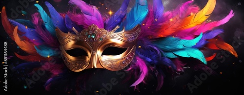 a colorful carnival mask with feathers on a black background
