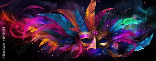 a colorful carnival mask with feathers on a black background photo
