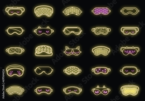 Face sleeping mask icons set. Outline set of face sleeping mask vector icons neon color on black
