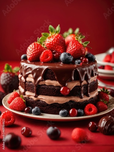 Chocolate cake with with berries, strawberries and cherries in red background