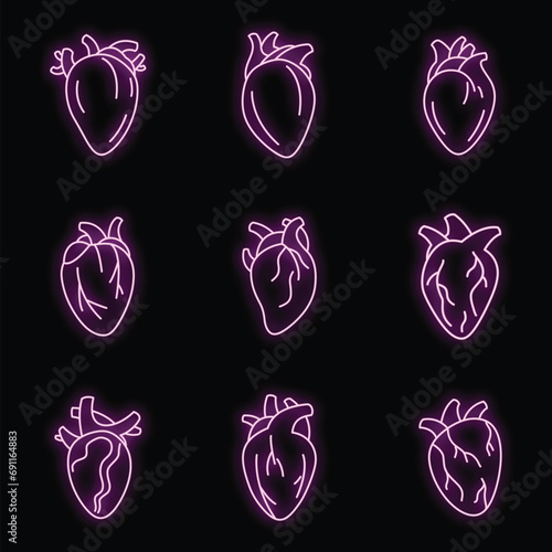 Biology human heart icons set. Outline set of biology human heart vector icons neon color on black