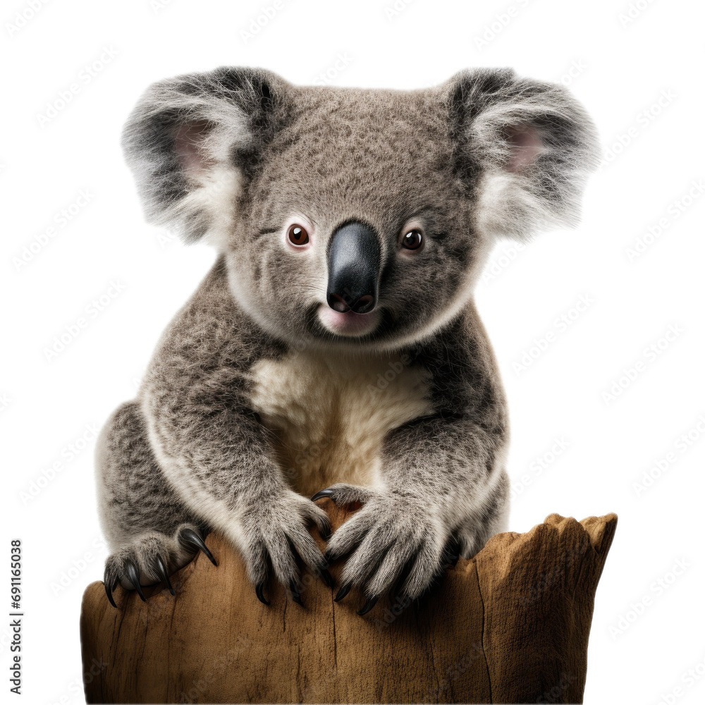 Fototapeta premium a Koala bear on a branch, front view, isolated and transparent PNG in a Nature-themed, photorealistic illustration. Generative ai