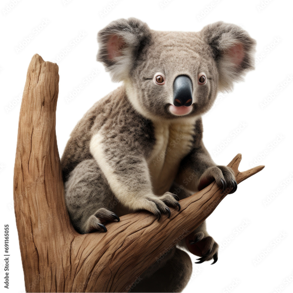 Fototapeta premium a Koala bear on a branch, front view, isolated and transparent PNG in a Nature-themed, photorealistic illustration. Generative ai