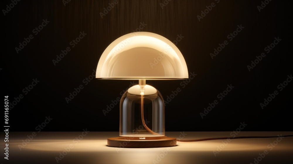  a glass table lamp with a wooden base and a white light on the top of the lamp is on a dark surface with a wooden base and a black background.