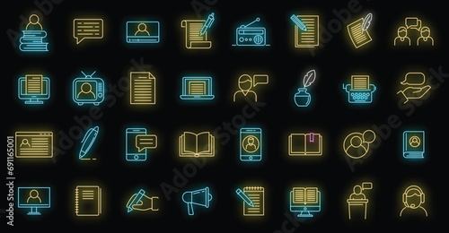 Storyteller icons set. Outline set of storyteller vector icons neon color on black photo