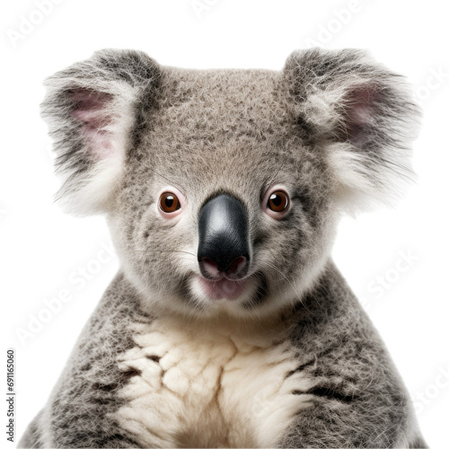 a Koala bear portrait, front view, isolated and transparent PNG in a Nature-themed, photorealistic illustration. Generative ai