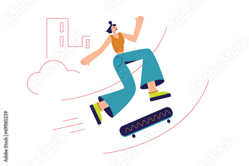 Girl on skateboard, Urban Culture, Lifestyle, Sport Stunts and Tricks on Skateboards. Cartoon People Vector Illustration