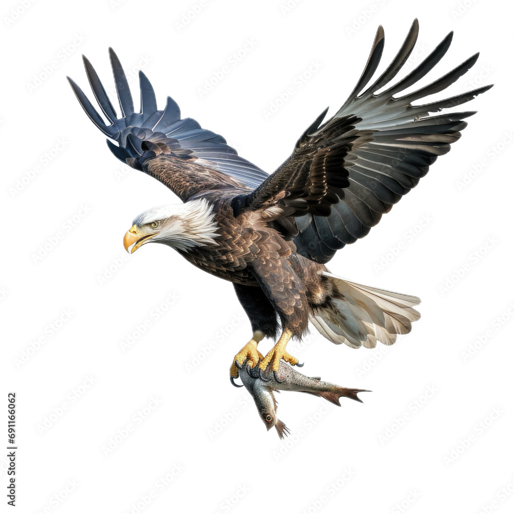 a Bald eagle with a fish in its talons, 3/4/side view, isolated and transparent PNG in a Nature-themed, photorealistic illustration. Generative ai a Bald eagle with a fish in its talons, 3/4/side view, isolated and transparent PNG in a Nature-themed, photorealistic illustration. Generative ai