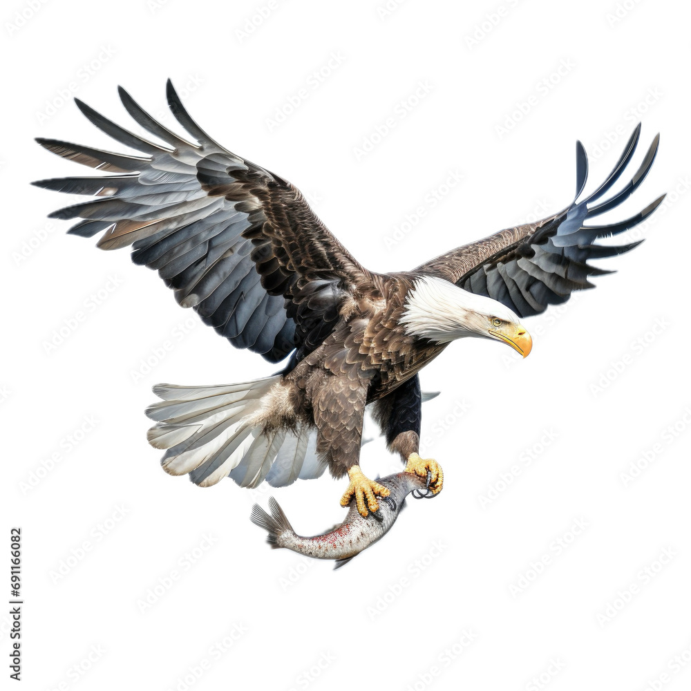 Naklejka premium a Bald eagle with a fish in its talons, 3/4/side view, isolated and transparent PNG in a Nature-themed, photorealistic illustration. Generative ai