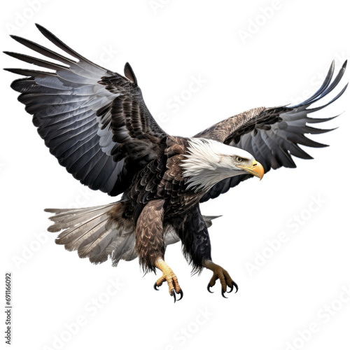 a Bald eagle in-flight  3 4 side view  isolated and transparent PNG in a Nature-themed  photorealistic illustration. Generative ai
