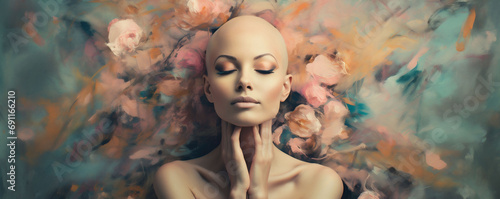 Beautiful young thin woman with shaved head after anticancer chemotherapy on colorful painted background. World Cancer Day Banner of poster of art therapy. Copy space photo