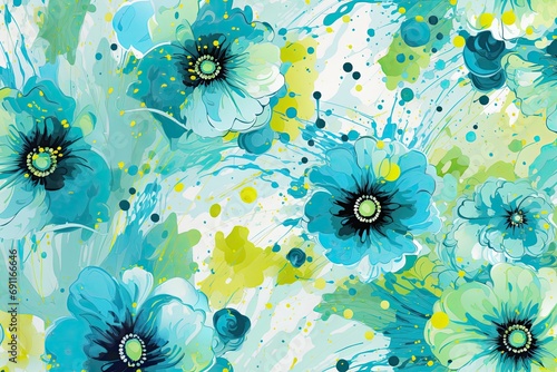  abstract flowers in watercolor and ink spatters in blue, turquoise, and green as a background in a Spring floral-themed, horizontal format of photorealistic illustration in JPG. Generative ai
