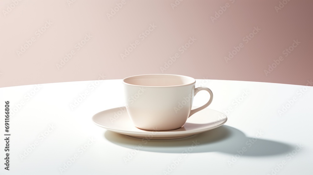 a white coffee cup sitting on top of a saucer on top of a white saucer on a white table with a light pink wall in the background behind it. a white coffee cup sitting on top of a saucer on top of a white saucer on a white table with a light pink wall in the background behind it.