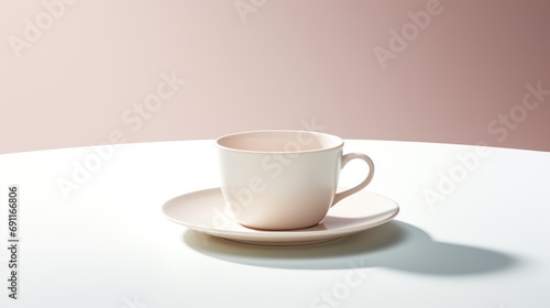  a white coffee cup sitting on top of a saucer on top of a white saucer on a white table with a light pink wall in the background behind it.