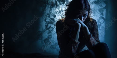 Silhouette of depressed, scared, sad woman with waving hair, back light. photo