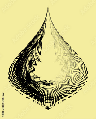 Drop shaped logo. Inside is a modified harmonious mandala with dotted radial rays. Lightened on the right to copy text. For trademarks, emblems. Vector.