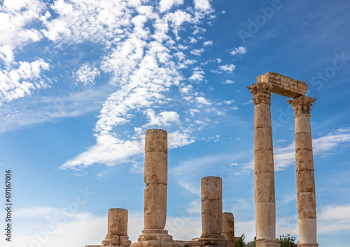 The uncompleted Roman Temple of Hercules with blue sky in the byckground at the Amman Citadel. Jordan. 