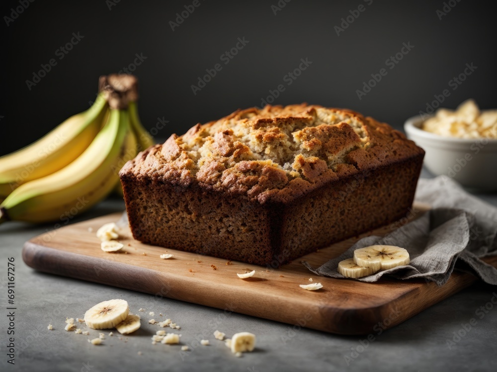 Fresh banana bread on grey background Fresh banana bread on grey background