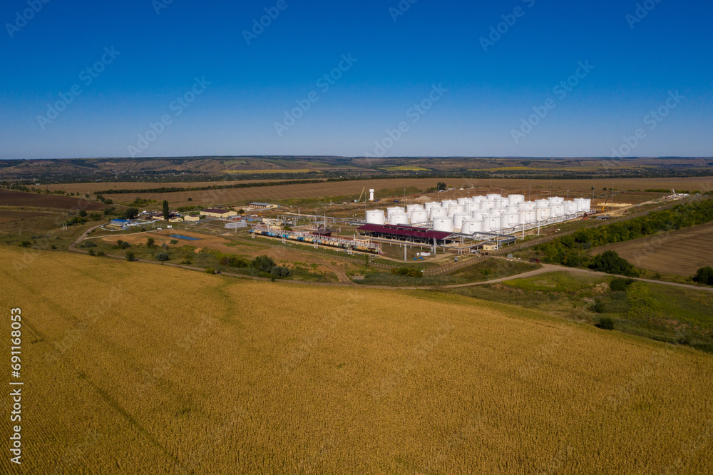 Construction of oil and fuel storage tank farm. Aerial view.